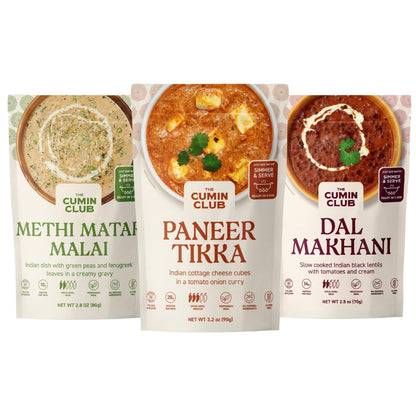 The Cumin Club Indian Meal Kit - Paneer Tikka Masala, Methi Matar Malai, Dal Makhani - Instant Meals Effortless Cooking & Wholesome Goodness - Ready to Eat Indian Food - Pack of 3