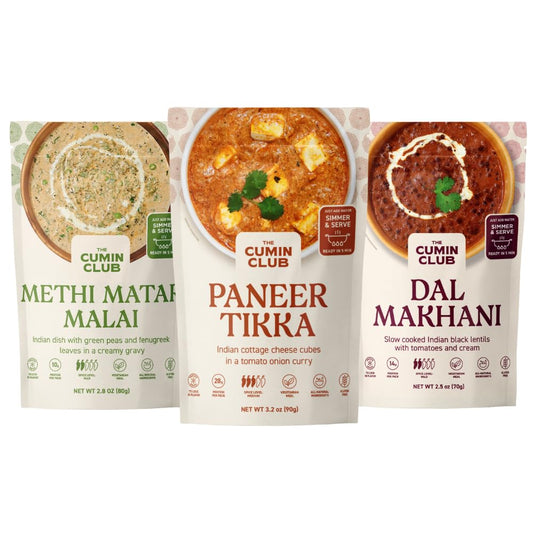 The Cumin Club Indian Meal Kit - Paneer Tikka Masala, Methi Matar Malai, Dal Makhani - Instant Meals Effortless Cooking & Wholesome Goodness - Ready to Eat Indian Food - Pack of 3