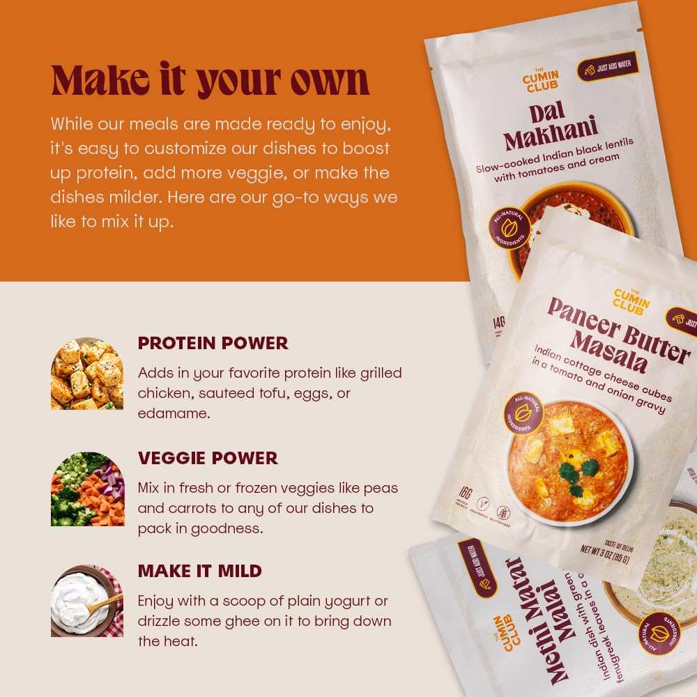 The Cumin Club Indian Meal Kit - Paneer Tikka Masala, Methi Matar Malai, Dal Makhani - Instant Meals Effortless Cooking & Wholesome Goodness - Ready to Eat Indian Food - Pack of 3