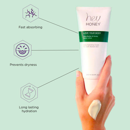 Hey Honey Skincare Love Your Body Shea Butter & Honey Body Lotion | All Over Body Moisturizing For Dry Skin Softens & Replenishes While Providing A Natural Glow & Skin Elasticity | 6.8 Oz.