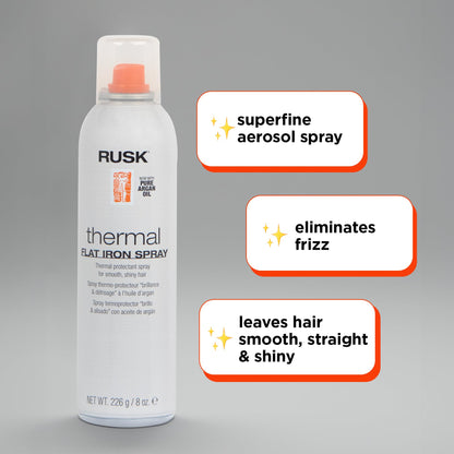 RUSK Designer Collection Thermal Flat Iron Spray with Argan Oil, Micro-Fine Spray, Eliminates Frizz, Leaves Hair Smooth and Sleek, 8 fl. oz