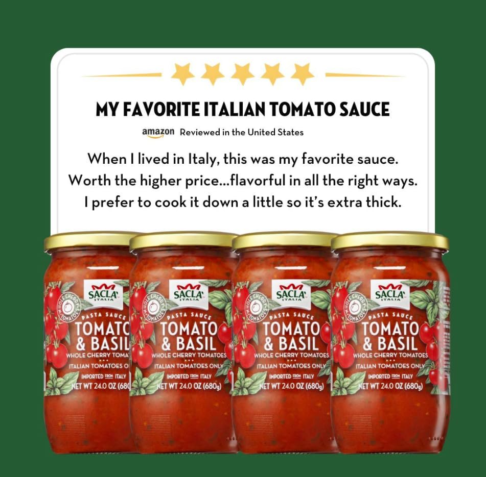 SACLA Cherry Tomato & Basil Pasta Sauce with No Added Sugar | 100% Italian Grown Tomatoes with Basil & Extra Virgin Olive Oil | 24 oz Glass Jar | Imported from Italy | Non-GMO Authentic Italian Sauce
