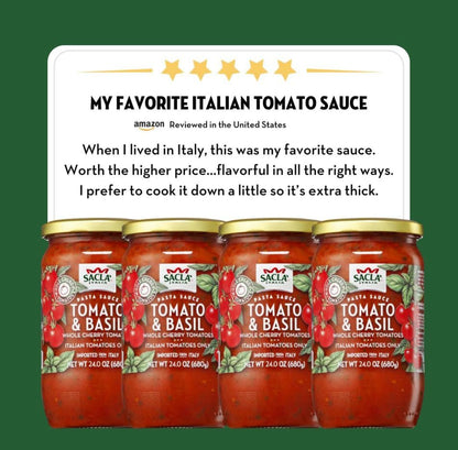 SACLA Cherry Tomato & Basil Pasta Sauce with No Added Sugar | 100% Italian Grown Tomatoes with Basil & Extra Virgin Olive Oil | 24 oz Glass Jar | Imported from Italy | Non-GMO Authentic Italian Sauce