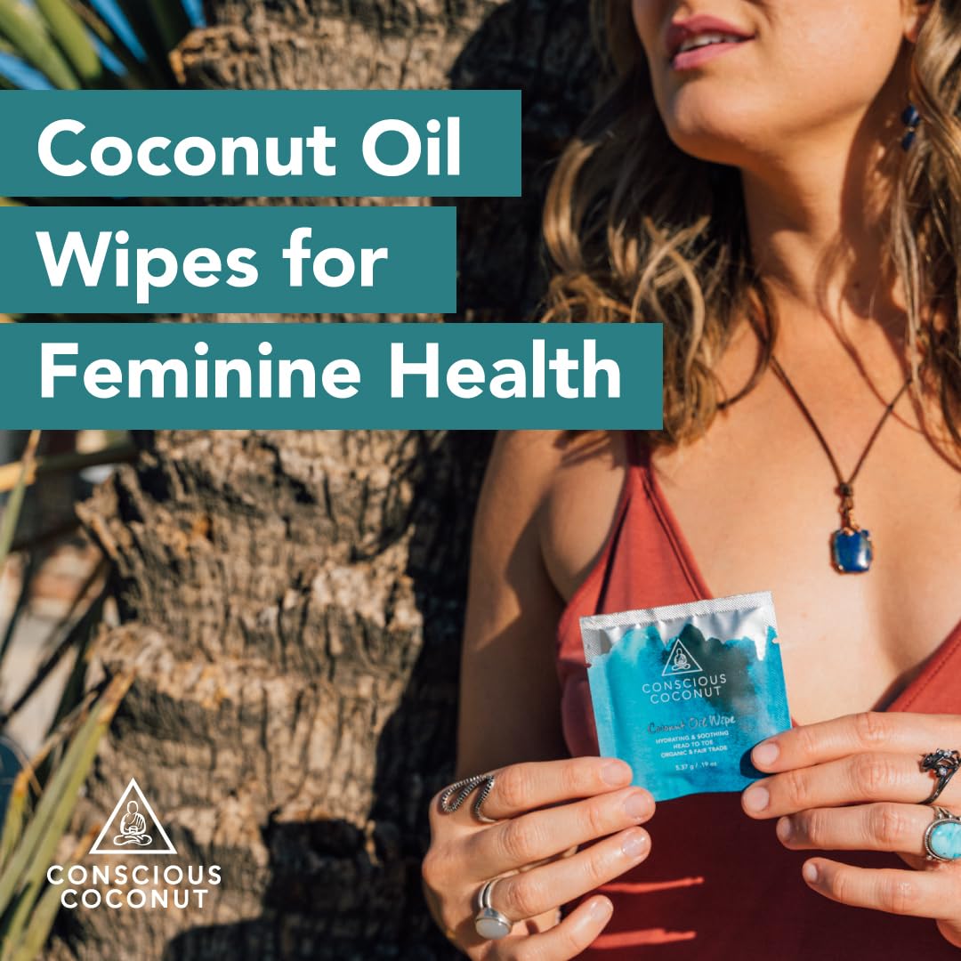 Organic Coconut Oil Intimate Wipes – Sensitive Skin Feminine Wipes, Biodegradable, Individually Wrapped, Moisturizing & Gentle – Ideal for Daily Use