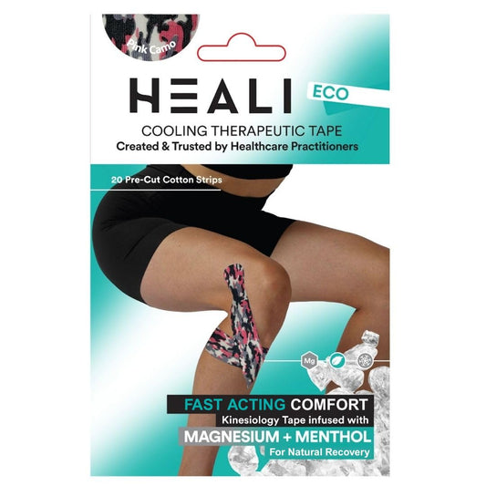 Heali Kinesiology Tape with Magnesium and Menthol, 20 Pcs Precut Strips, K Tape Roll, Knees, Sports Tape, Water Resistant - Eco - Pink Camo