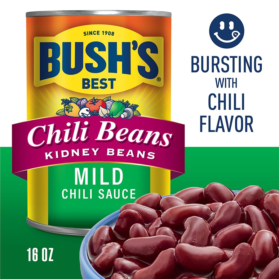 BUSH'S BEST 16 oz Canned Kidney Mild Chili Beans, Source of Plant Based Protein and Fiber, Low Fat, Gluten Free, (Pack of 12)