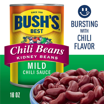 BUSH'S BEST 16 oz Canned Kidney Mild Chili Beans, Source of Plant Based Protein and Fiber, Low Fat, Gluten Free, (Pack of 12)