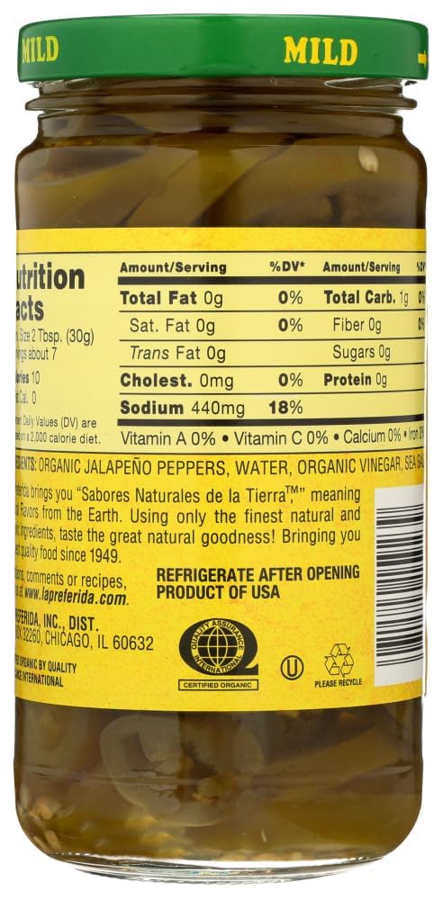 La Preferida Organic Mid Jalapeño Nacho Slices (Same Great Flavor, No Heat) Seedless Pickled Peppers – USDA Certified, No Added Sugar. Use on Tacos, Salads & Bowls, 11.5 oz. (Pack of 2)