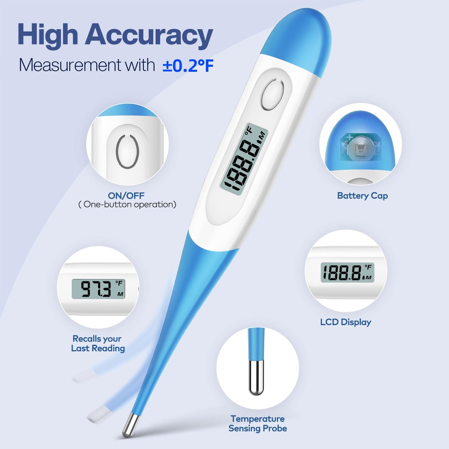 Boncare 10 Seconds Oral Thermometer for Adults and Kids - Accurate & Safe Rectal Thermometer for Baby with Fever Alarm, Digital Thermometer (Light Blue)