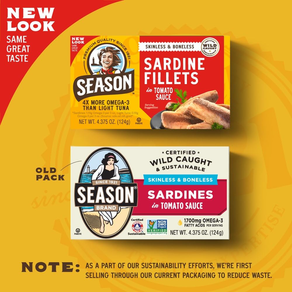 Season Sardines in Tomato Sauce - Skinless & Boneless, Wild Caught, 22g of Protein, Keto Snacks, More Omega 3's Than Tuna, Kosher, High in Calcium, Canned Sardines - 4.37 Oz Tins, 12-Pack