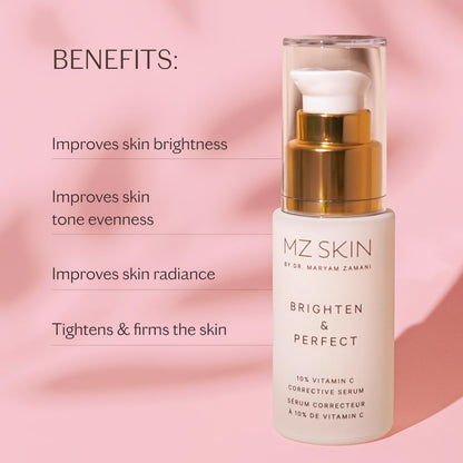 MZ SKIN Brighten & Perfect Vitamin C Serum 1.01 fl oz - 10% Brightening Treatment for Dark Spots, Pigmentation to Reveal Glowing Renewed Skin, With Tranexamic Acid