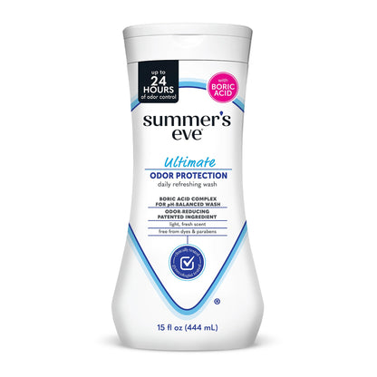 Summer's Eve Ultimate Odor Protection Daily Feminine Wash, pH-Balanced Formula Body Wash for Women with Boric Acid Helps Control Vaginal Odor, 15 Fl Oz