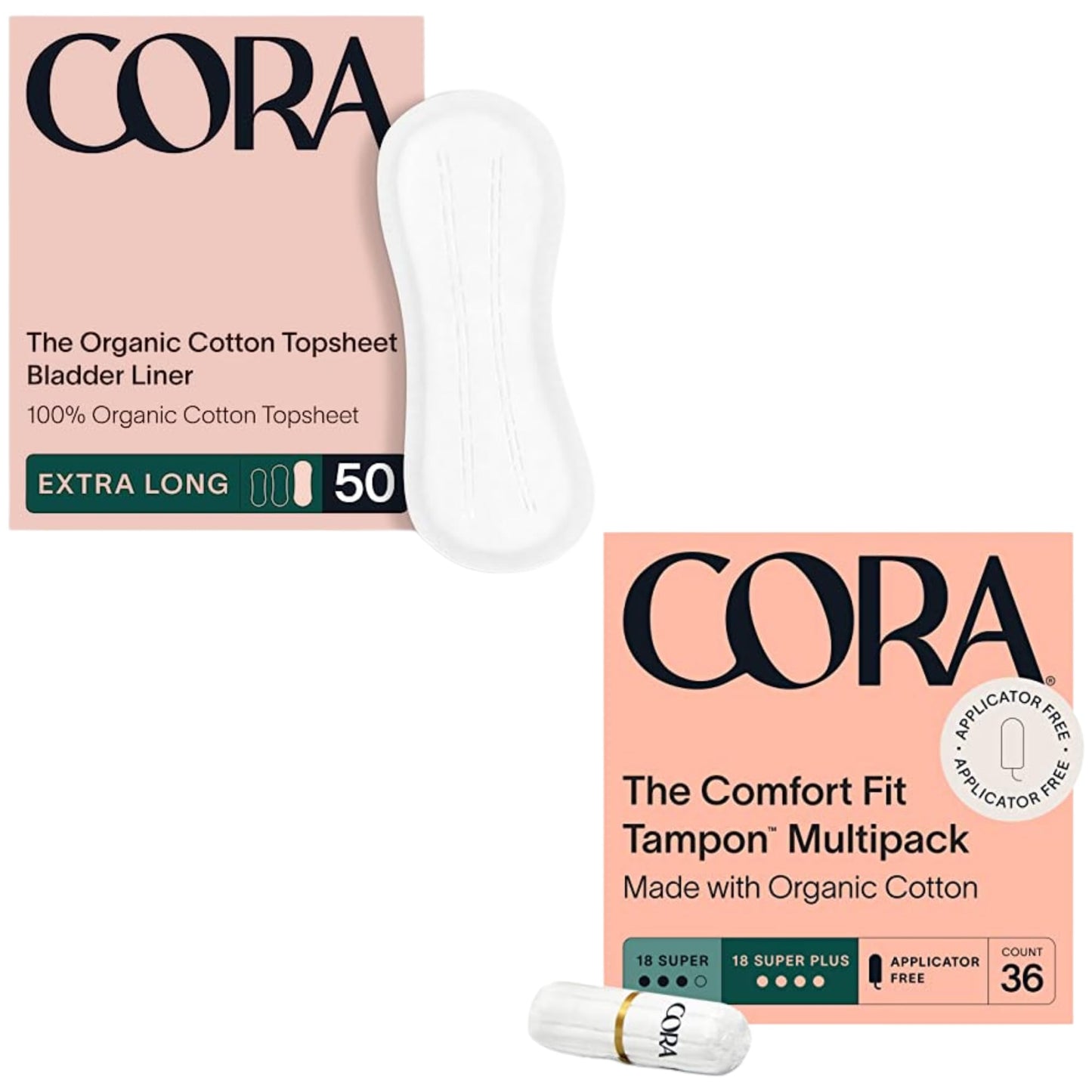 Cora Organic Feminine Care | 50 Extra Long Bladder Liners (Incontinence & Postpartum Pads) and 36S/S+ Non-Applicator Tampon Pack | Ultra-Absorbent, Unscented, Natural, Non-Toxic | Bundle Pack