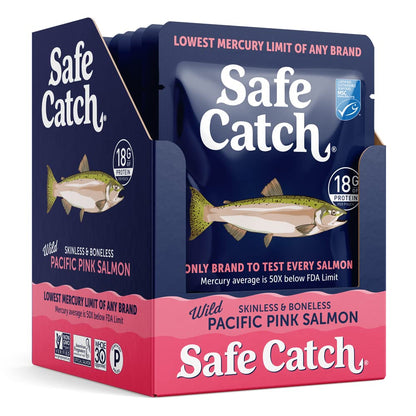 Safe Catch Wild Pacific Pink Salmon Skinless Boneless Wild-Caught Salmon Fish Pouch, Mercury Tested, Kosher, 12-Pack Salmon Pouches 3oz Packets