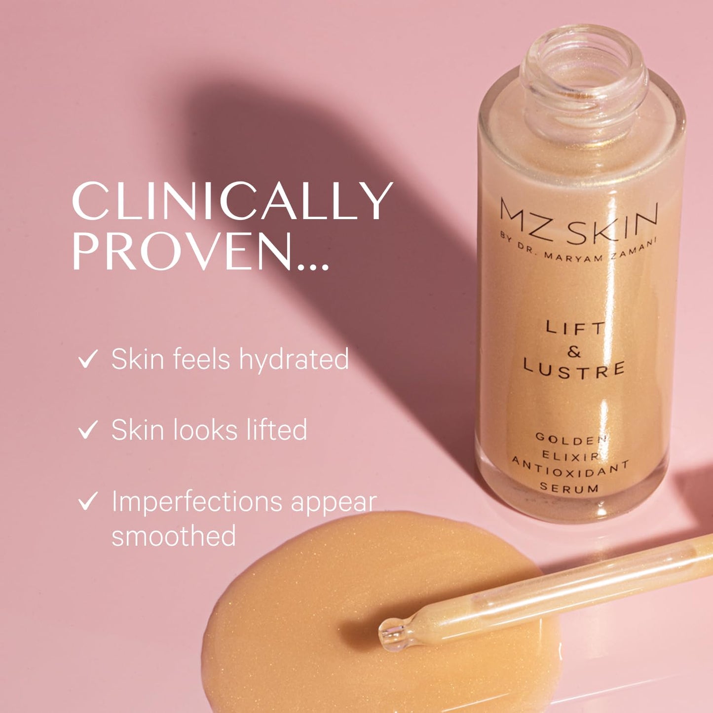MZ SKIN Lift & Lustre Golden Elixir Serum 1.01 fl oz - Clinically-Proven Antioxidant Treatment with Dual-Weight Hyaluronic Acid, for Deep Hydration & Glowing Skin, All Skin Types
