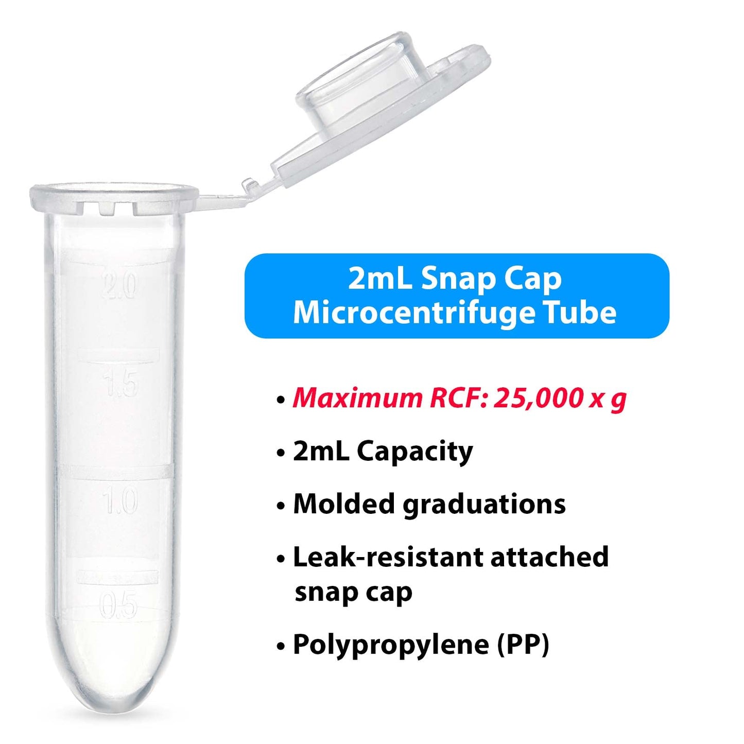 Globe Scientific 111568 Polypropylene Graduated Microcentrifuge Tube with Snap Cap, Round Bottom, Natural, 2mL Capacity, Pack of 1000