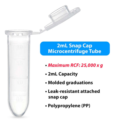 Globe Scientific 111568 Polypropylene Graduated Microcentrifuge Tube with Snap Cap, Round Bottom, Natural, 2mL Capacity, Pack of 1000