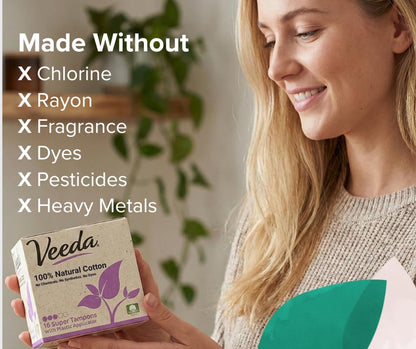 Veeda 100% Natural Cotton Tampons - Super Absorbency with Leak Proof Protection - Compact BPA-Free Applicator - Unscented & Free from Chlorine, Toxin - 384 Count