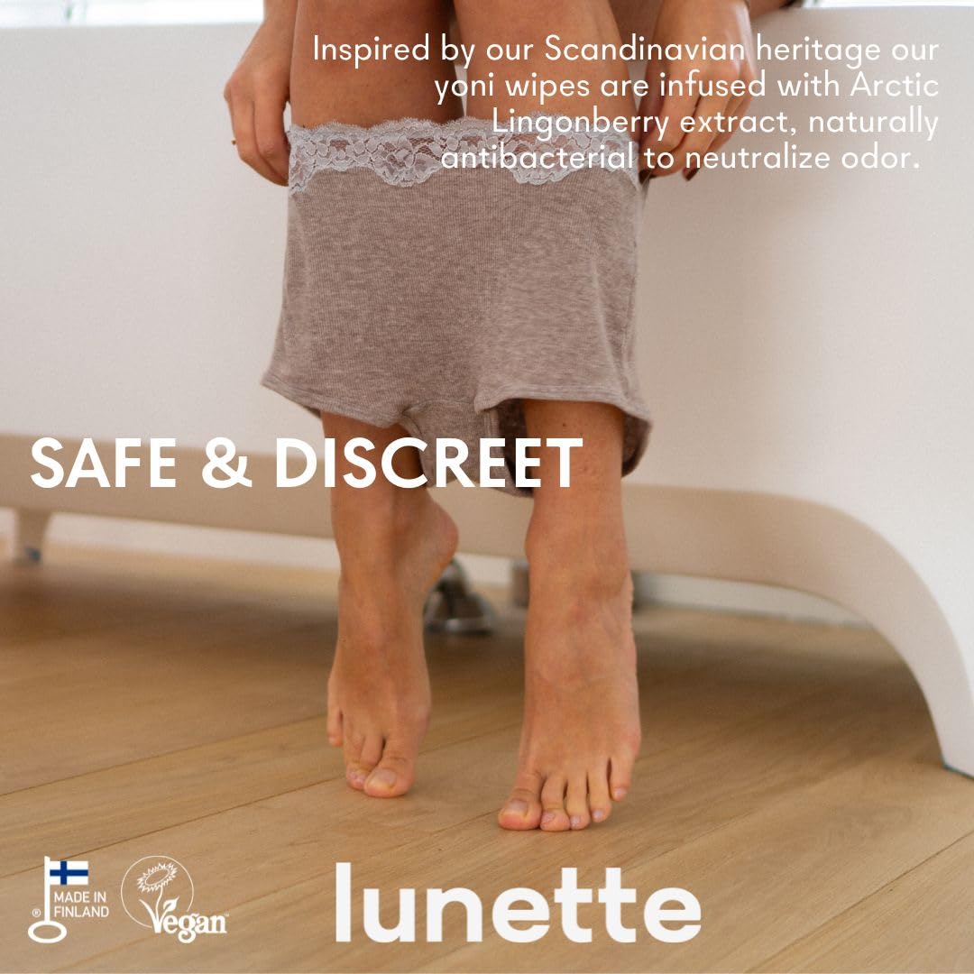 Lunette Yoni Wipes – Best Feminine Wipes for Intimate care - pH-balanced & Gentle - Vegan & Compostable - Travel-friendly for on-the-go & Public bathrooms, Made in Finland, 20 Pack