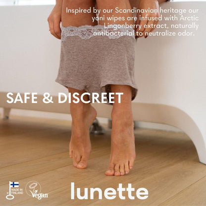 Lunette Yoni Wipes – Best Feminine Wipes for Intimate care - pH-balanced & Gentle - Vegan & Compostable - Travel-friendly for on-the-go & Public bathrooms, Made in Finland, 20 Pack