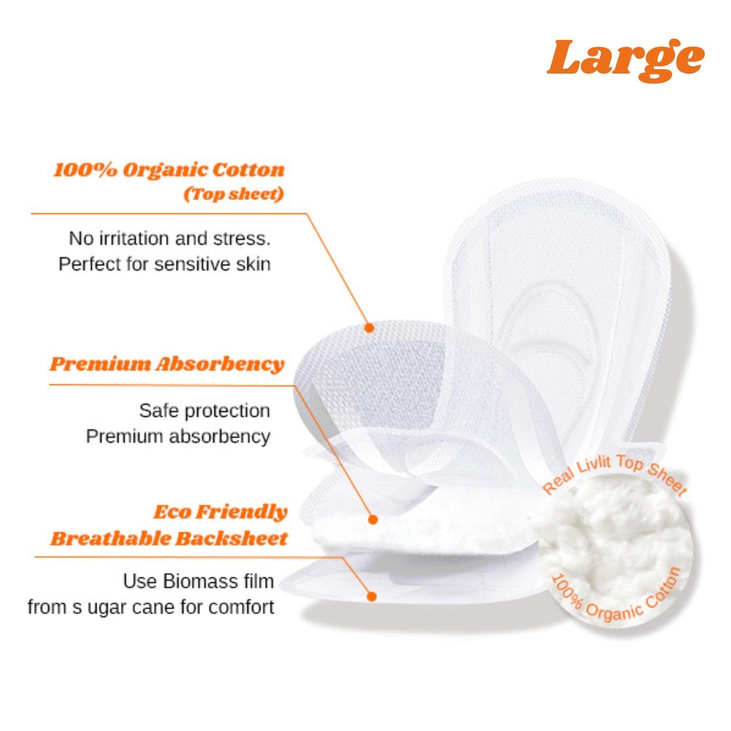 Livlit Organic Cotton Sanitary Pad Bundle – Regular Pads 14pcs + Large Pads 12pcs, Chlorine Free, Unscented, Ultra Absorbent Period Care