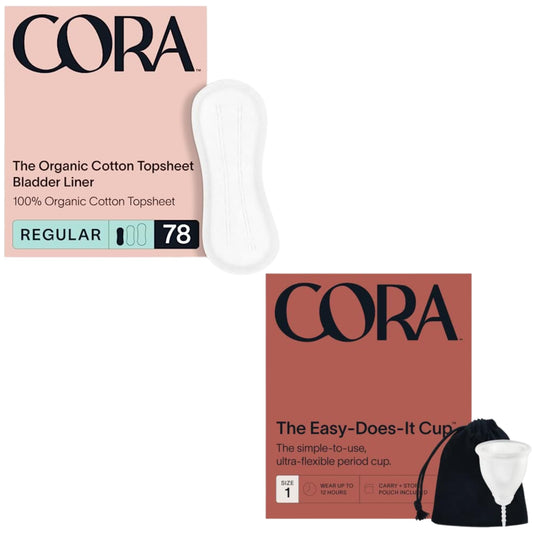 Cora Organic Feminine Care | 78 Regular Bladder Liners (Incontinence & Postpartum Pads) and a Menstrual Period Cup | Medical Grade Silicone | Eco-Conscious | Bundle Pack