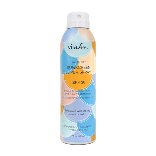 Noodle & Boo VitaSea Happy Day Adult & Kids Sunscreen Super Spray SPF 30 / SPF 50 for Face and Body, Broad Spectrum UVA & UVB Protection, Water Resistant Formula with Sea Kelp, Vitamin E & C, 6 Fl Oz.