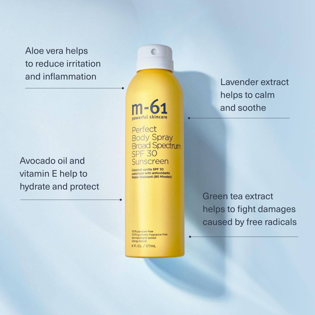 m-61 Body Spray Sunscreen SPF 30 | Non-Aerosol Continuous Sunscreen Spray, Coconut Vanilla Scented - 6 Fl Oz.