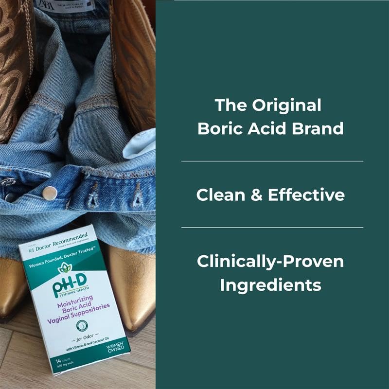 pH-D Feminine Health Support - Boric Acid Moisturizing Suppository - Woman Owned - for Vaginal Odor - Paraben-Free and Cruelty-Free - 14 Count