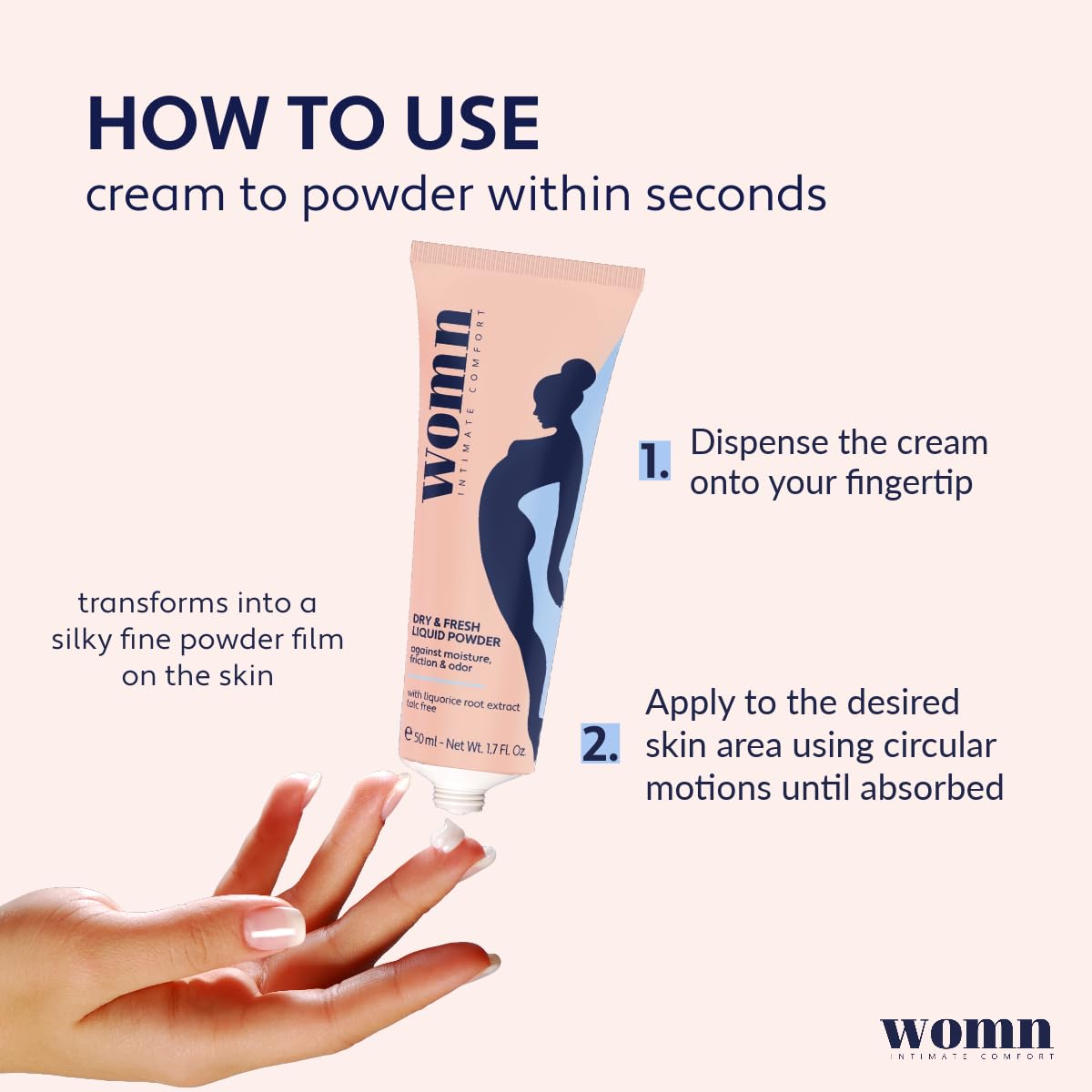 womn Intimate Comfort DRY & FRESH LIQUID POWDER – Talc-Free Anti-Chafe Cream for Under-Bust, Thighs & Groin. Natural Moisture & Friction Control, 1.7 Fl. Oz.