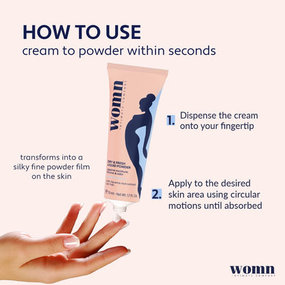 womn Intimate Comfort DRY & FRESH LIQUID POWDER – Talc-Free Anti-Chafe Cream for Under-Bust, Thighs & Groin. Natural Moisture & Friction Control, 1.7 Fl. Oz.