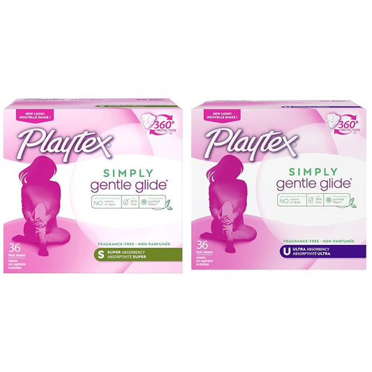 Playtex Simply Gentle Glide Unscented Tampons 36 Count Super Absorbency (Packaging May Vary) and Playtex Simply Gentle Glide Unscented Tampons 36 Count Ultra Absorbency