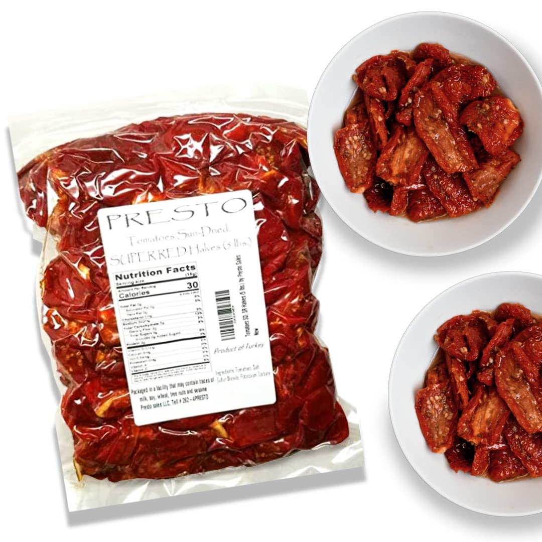 Tomatoes Sun-Dried, SUPER RED Halves, Ready to Eat Vegetables | Produced from fresh field-grown tomatoes, cut into halves | Nutrient Full, Delightful, Flavorful, Vegan, Pure | Turkish, 5 lbs. (80 oz.) Vacuum packed by Presto Sales LLC