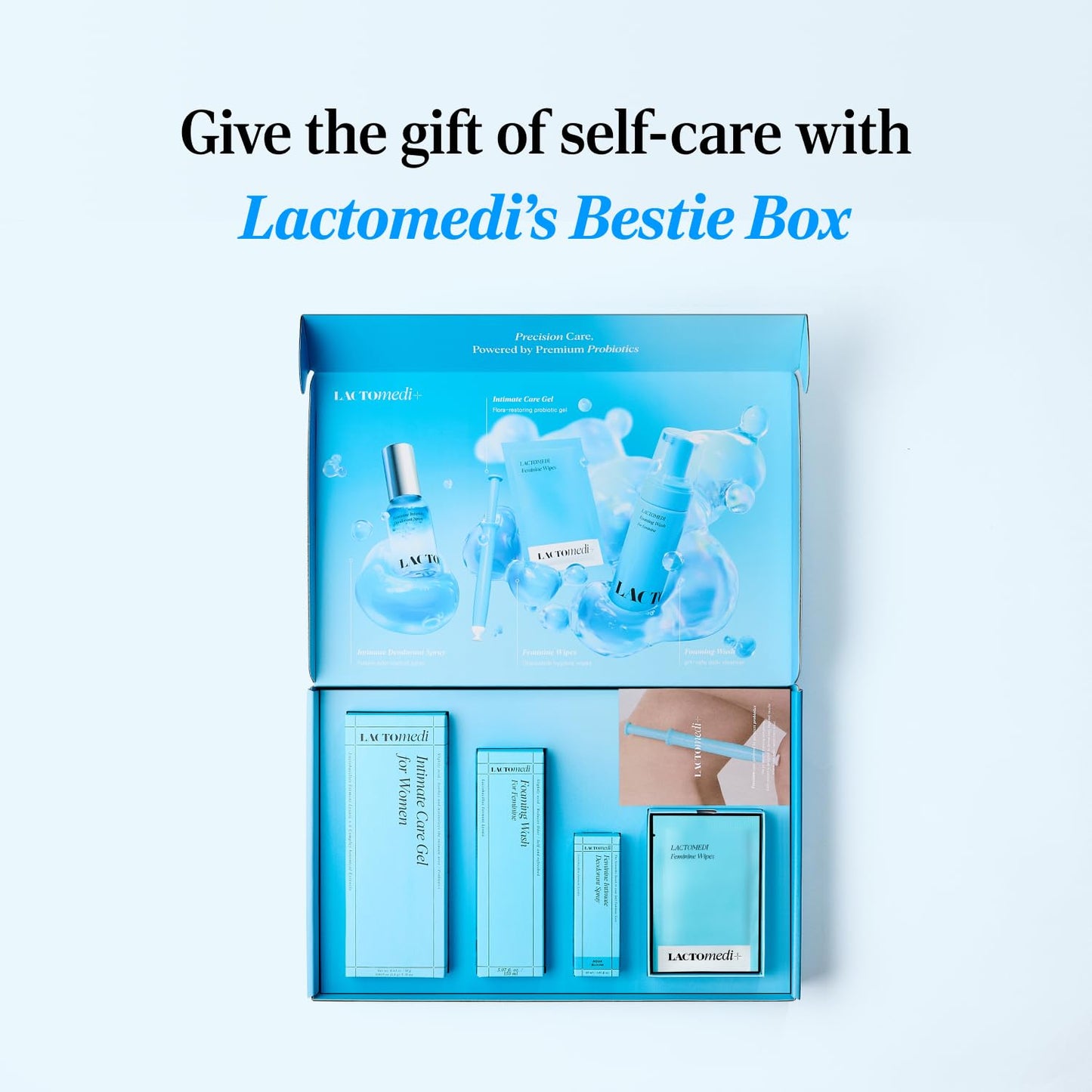 LACTOMEDI Bestie Box Intimate Care Kit – pH Balanced Feminine Hygiene Set with Intimate Care Gel, Foaming Wash, Deodorant Spray & Feminine Wipes for Daily Freshness
