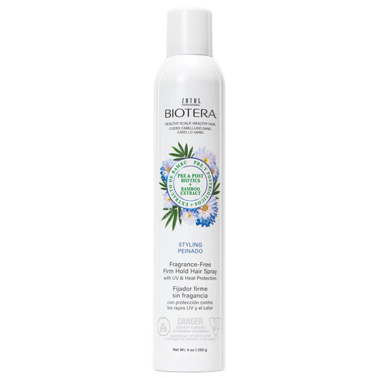 Biotera Styling Fragrance-Free Firm Hold Hair Spray | UV & Heat Protection | 50 VOC | Vegan & Animal Test Free | Paraben & Sulfate Free | Color-Safe | 9 Fl Oz