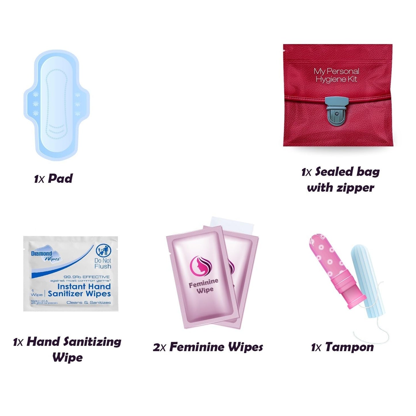 3 x Menstrual All-in-One Kits - Assorted Colors | Convenience on The Go | Single Period Kit Packs | Individually Wrapped Feminine Hygiene Products (Green Ferns/Red Purse/Under The Sea)