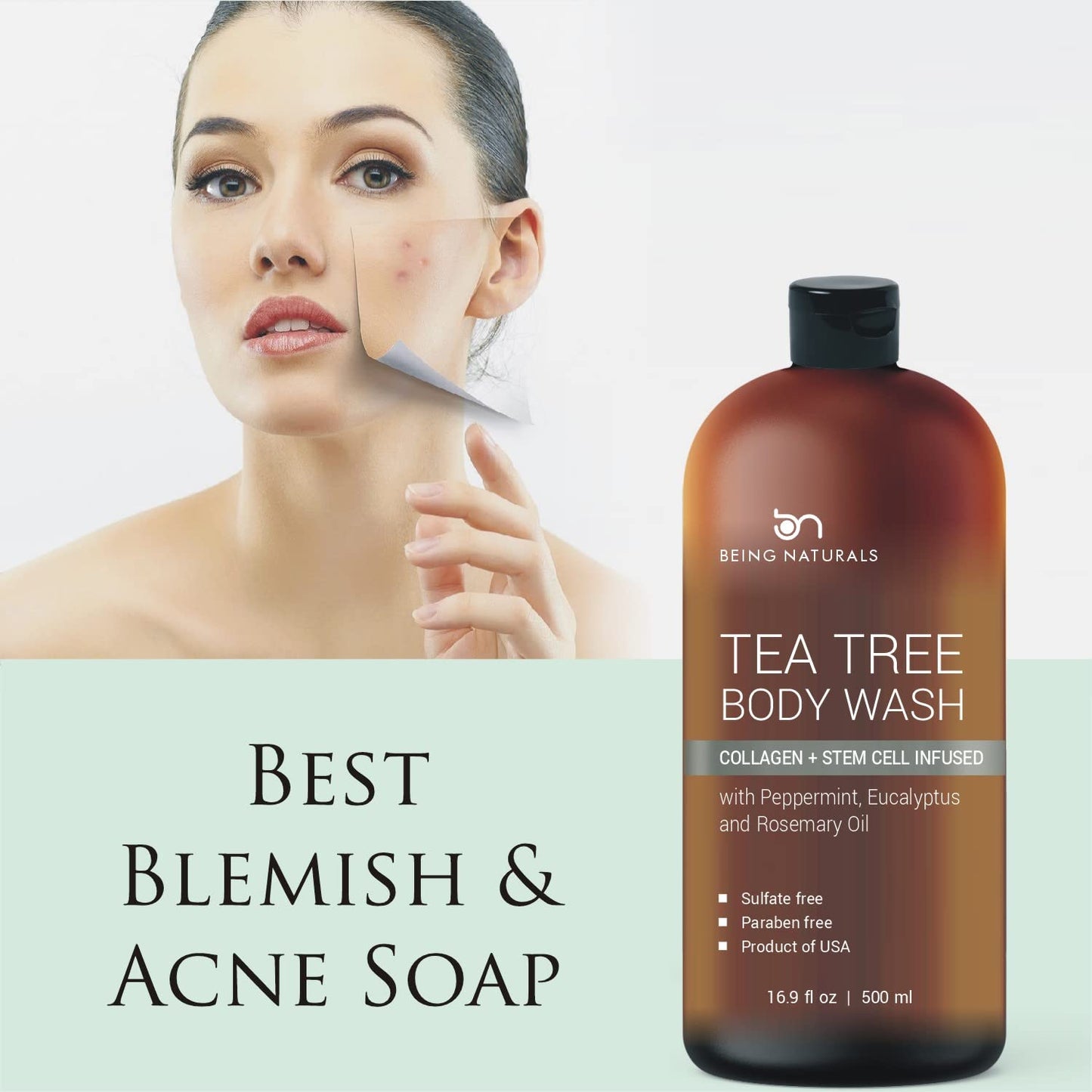 Tea Tree Body wash with Collagen and Stem Cells - Fights Odor, Acne & Skin Issues, sulfate free 16.9 oz
