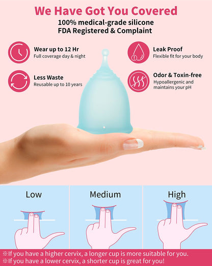 Reusable Menstrual Cup (Small & Large Size) Set of 2, Soft Silicone, Low or High Cervix, Safe Period Cup, Heavy & Light Flow, Feminine Hygiene, Tampons, Pads & Disc Alternative