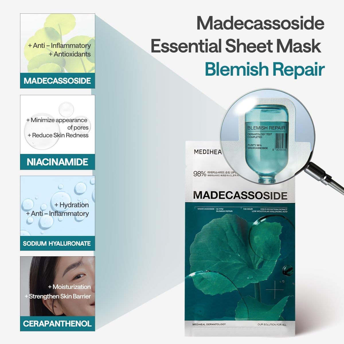 Mediheal Essential Face Mask Blemish Repair 10 pcs. with 98% Purity Madecassoside & Hyaluronic Acid - Soothing Care, Hydrating- Travel Essentials, Vegan Formula Korean Sheet Mask
