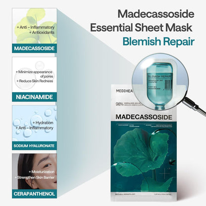Mediheal Essential Face Mask Blemish Repair 10 pcs. with 98% Purity Madecassoside & Hyaluronic Acid - Soothing Care, Hydrating- Travel Essentials, Vegan Formula Korean Sheet Mask