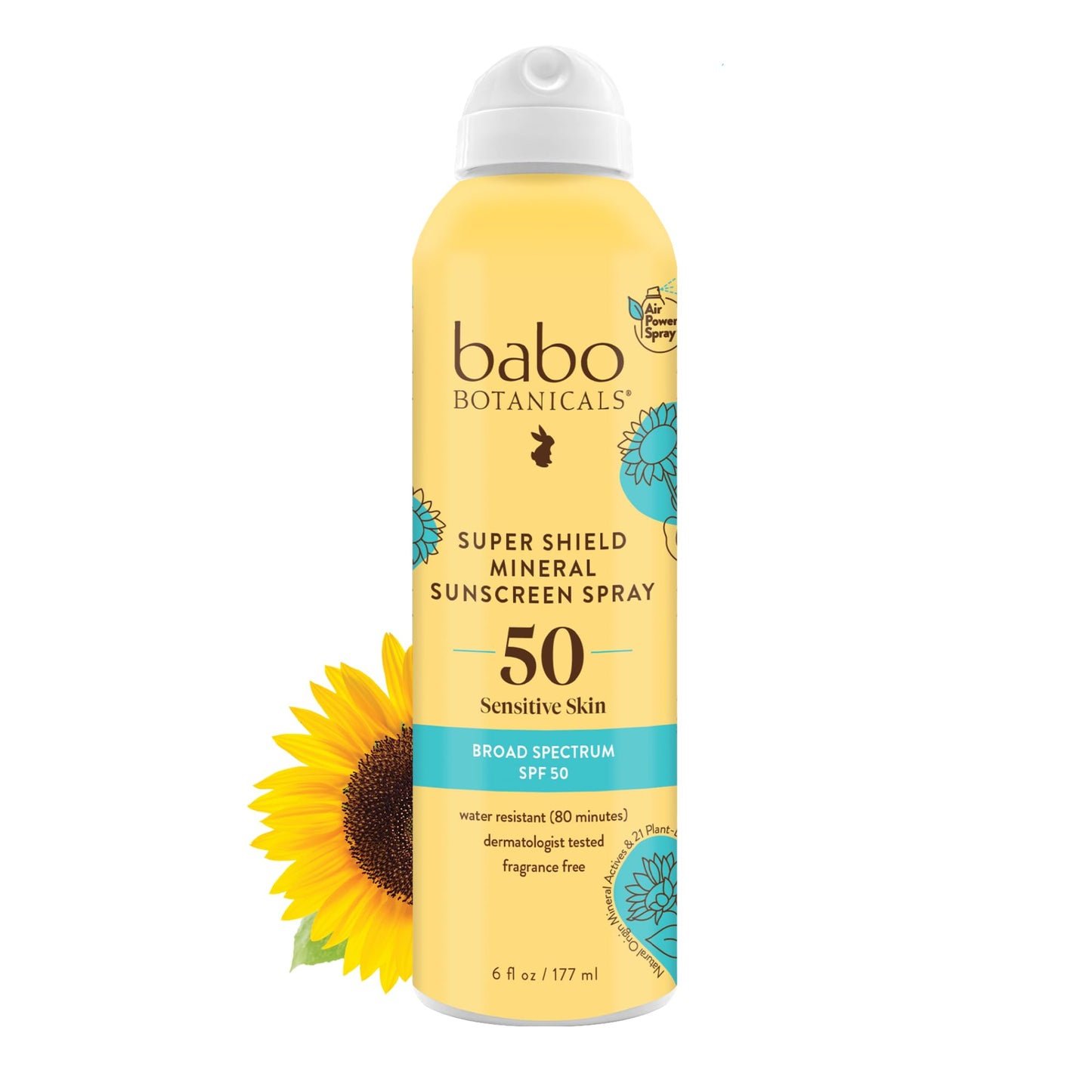 Babo Botanicals Super Shield Mineral Sunscreen Spray SPF 50 - Natural Zinc Oxide & Titanium Dioxide - Extra Sensitive Skin - Water Resistant - Vegan - Fragrance-Free - Air-Powered Spray - For all ages
