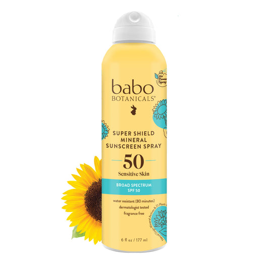 Babo Botanicals Super Shield Mineral Sunscreen Spray SPF 50 - Natural Zinc Oxide & Titanium Dioxide - Extra Sensitive Skin - Water Resistant - Vegan - Fragrance-Free - Air-Powered Spray - For all ages