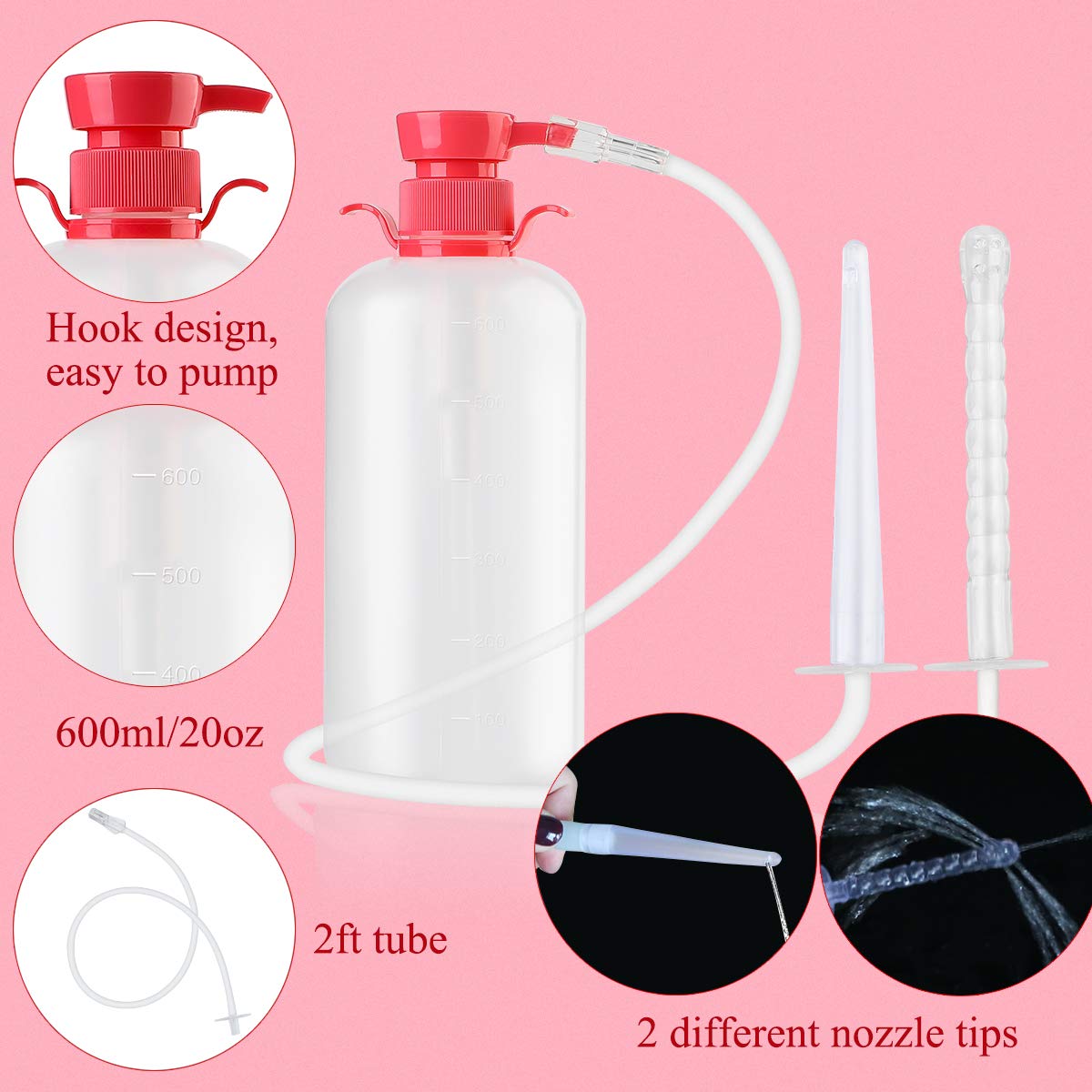 LIVE4COOL Douche Bottle for Women Reusable Vaginal Cleansing System, 600ml/20.3oz Reusable Vaginal Enema Douche, Capacity Cleanser with 4 Nozzles, Storage Bag, Non-Toxic