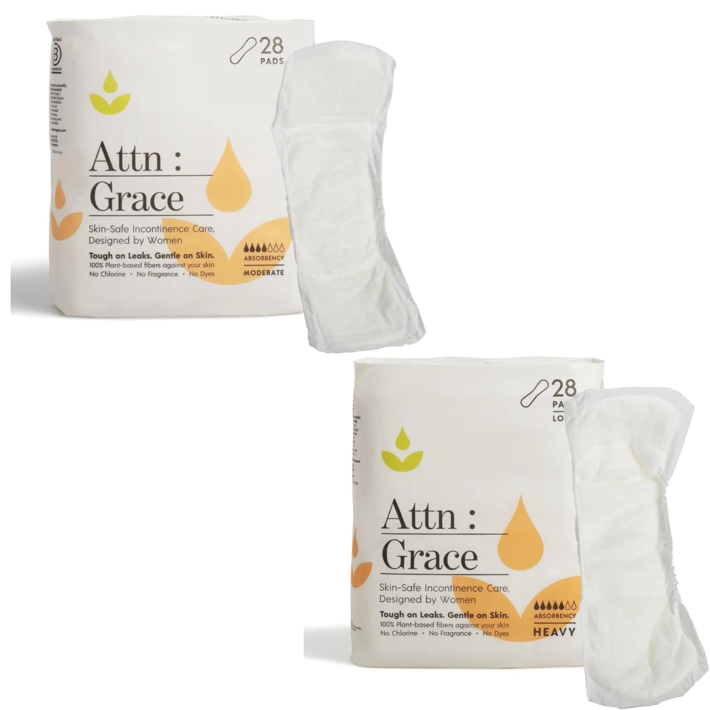 Attn: Grace Moderate and Heavy Incontinence Pads for Women (28 Pads Per Pack/56 Total) - High Absorbency Sensitive Skin Protection for Bladder Leakage or Postpartum/Discreet, Breathable, & Plant-Based