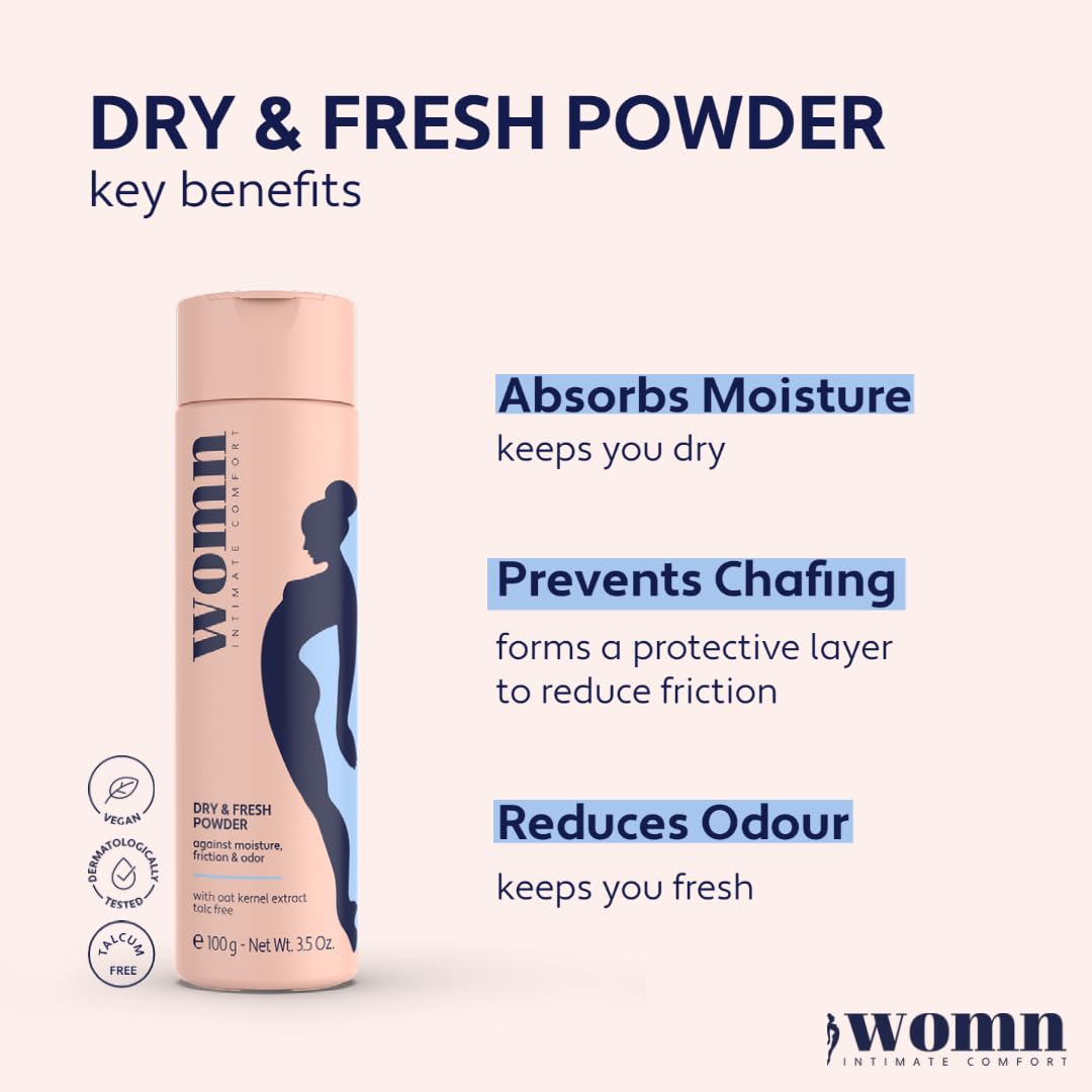 womn Intimate Comfort Dry & Fresh Powder – Talc-Free Body Powder for Sensitive Skin. Natural Moisture & Anti-Chafe Protection with Soothing Oat, 3.5 Oz