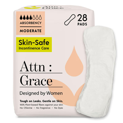 Attn: Grace Moderate and Heavy Incontinence Pads for Women (28 Pads Per Pack/56 Total) - High Absorbency Sensitive Skin Protection for Bladder Leakage or Postpartum/Discreet, Breathable, & Plant-Based