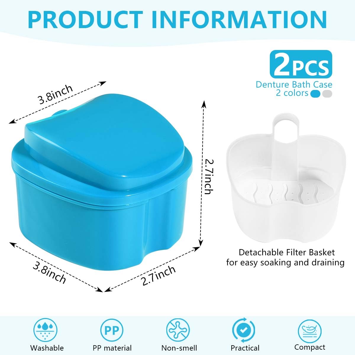 2 Pack Colors Denture Bath Case Cup Box Holder Storage Soak Container with Strainer Basket for Travel Cleaning (White and Light Blue)