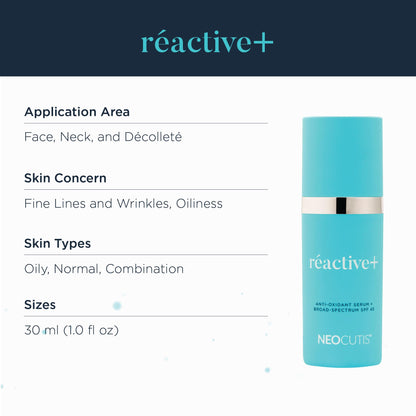 NEOCUTIS RéACTIVE+ Vitamin C & E Antioxidant Serum with Broad‑Spectrum SPF 45 – Protects & Revitalizes Skin – Reduces Fine Lines & Redness – 1 fl. oz.