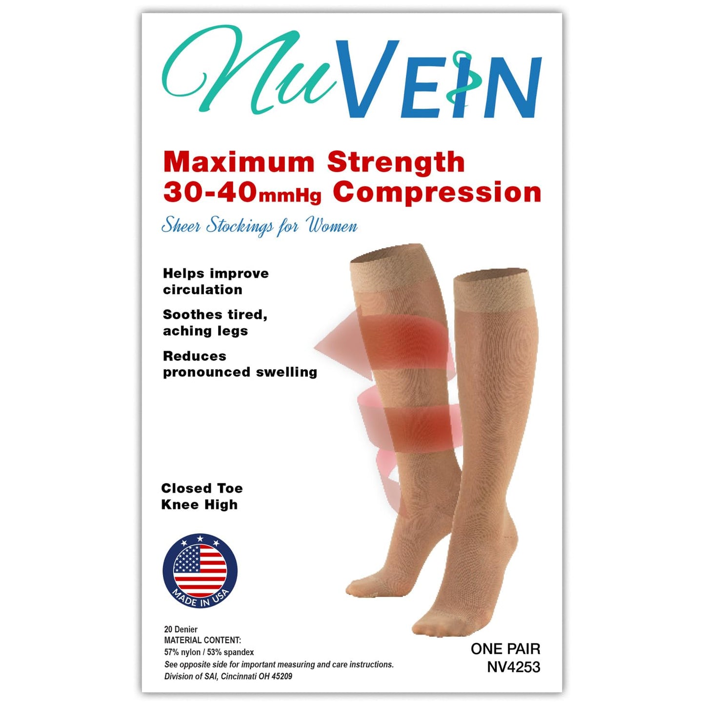 NuVein Sheer Compression Stockings, 30-40 mmHg Support, Knee Length, Closed Toe, 20 Denier, Black, X-Large