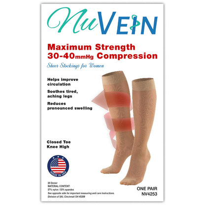NuVein Sheer Compression Stockings, 30-40 mmHg Support, Knee Length, Closed Toe, 20 Denier, Black, X-Large